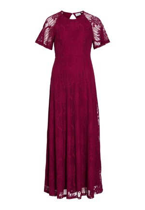 Vyno raudonio nėriniuota vakarinė suknelė trumpomis rankovėmis, aukštu kaklu, su raktu nugaroje ir ilgėjančia iki grindų suknele.