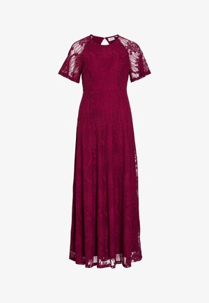 Avondjurk van bordeaux kant met korte mouwen, een hoge halslijn, een keyhole-rug en een vloerlange rok.