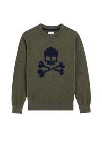 Olijfgroene trui met lange mouwen, voorzien van een donkerblauw doodskop- en kruisbeenderenmotief op de voorkant, met ribgebreide manchetten en zoom.