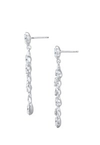 Silberne Dangling-Ohrringe mit einer Kette aus runden und tropfenförmigen klaren Steinen, polierte Oberfläche und Steckverschlüsse für sicheren Halt.