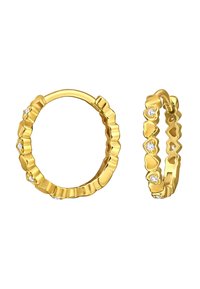 Orecchini a cerchio in oro con bordi scallop e piccole gemme trasparenti incastonate, uniformemente distribuite attorno alla superficie esterna.