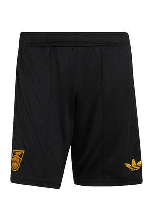 Zwarte atletiekshorts met elastische tailleband, gele Jamaica Football Federation-badge op het linkerbeen en gele Adidas-logo op het rechterbeen.