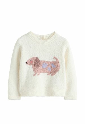 Cremefarbener Pullover mit geripptem Rundhalsausschnitt und einem strukturierten rosa Hunde-Motiv mit braunen Ohren und lila Flecken. Weicher, flauschiger Strickstoff.