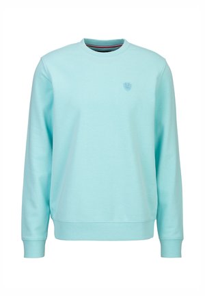 Lichtblauwe crewneck-trui met lange mouwen en een klein ton-sur-ton logo op de linkerborst.