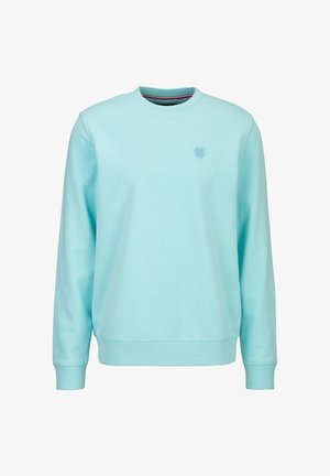 Lichtblauwe crewneck-trui met lange mouwen en een klein ton-sur-ton logo op de linkerborst.