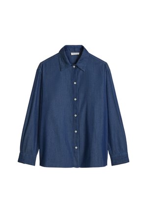 Donkerblauw overhemd met lange mouwen, knopen en puntige kraag, getoond op een witte achtergrond.