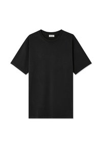 Black cotton t-shirt with a round neckline, short sleeves, and a relaxed fit; smooth texture with no visible patterns or accents.