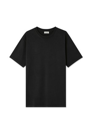 Schwarzes Baumwoll-T-Shirt mit rundem Halsausschnitt, kurzen Ärmeln und lockerem Schnitt; glatte Textur ohne sichtbare Muster oder Akzente.