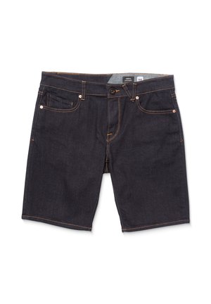 Dunkelblaue Jeansshorts mit geradem Schnitt, kontrastierenden orangefarbenen Nähten, fünf Taschen und einem klassischen Knopf- und Reißverschluss.
