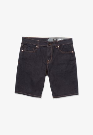 Donkerdenimshorts met een rechte snit, voorzien van contrasterende oranje stiksels, vijf zakken en een klassieke knoop-en-rits sluiting.