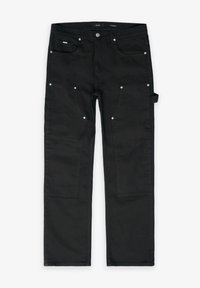 Black cargo pants with multiple pockets, silver rivets, and a side loop. Made from durable fabric with a straight leg cut and minimal stitching.