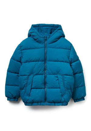 Tyrkysová péřovka s kapucí. Má horizontální prošívaný design, přední zip a elastické manžety a lem. Dvě postranní kapsy.