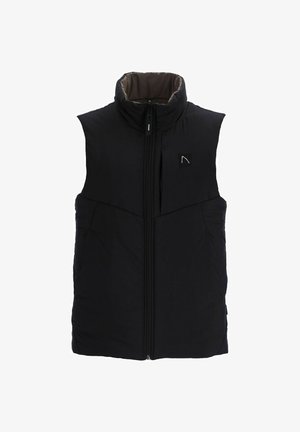 Zwarte gewatteerde vest met een hoge kraag, voorkant met rits, twee zijzakken en een klein logo op de borst. Glad exterieurtextuur.