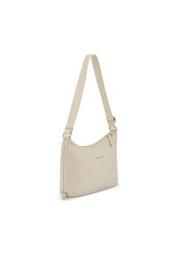 Borsa a spalla beige con tracolla regolabile, tessuto liscio, design minimalista e dettaglio logo discreto. Dotata di chiusura con zip per maggiore sicurezza.