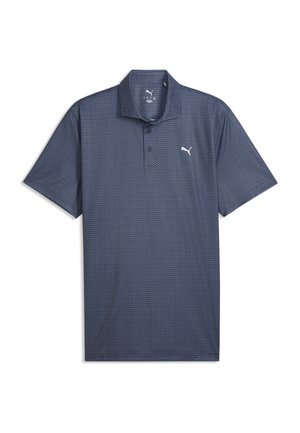 Marineblå polo med korte ærmer, diskret geometrisk mønster, krave med knapper og hvidt Puma-logo på venstre bryst.