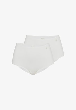 Deux slips blancs pour femmes taille haute avec petit logo de marque doré et détail floral sur le devant, taille moyenne.