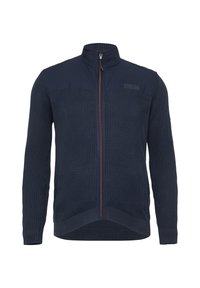 Marine blauwe ritstrui met een textuurgebreide body, gladde schouderpanelen, een volledige rits en ribgebreide manchetten, met een contrasterende bruine rits.