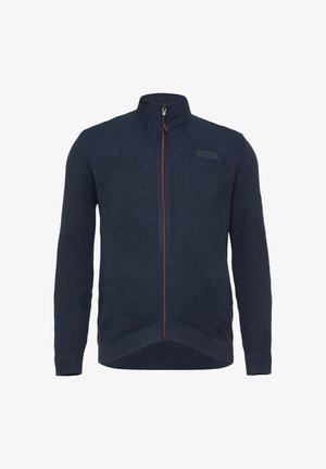 Marineblauer Zip-Pullover mit strukturiertem Strickkörper, glatten Schulterpaneelen, vollem Reißverschluss und gerippten Bündchen, mit kontrastierendem braunen Reißverschluss.