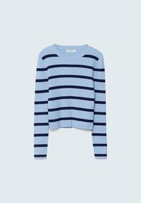 Pull à manches longues en maille côtelée bleu clair avec des rayures horizontales bleu foncé uniformément espacées et un col rond.