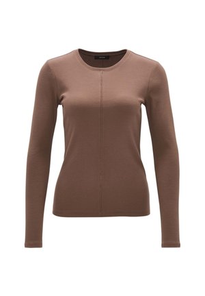 Braunes langärmliges Shirt mit Rundhalsausschnitt, geripptem Muster und Mittelnahtdetail. Aus weichem Stoff für besonderen Komfort.