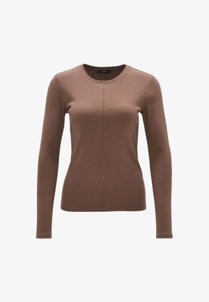 Brown long-sleeve shirt with a round neckline, ribbed texture, and center seam detail. Made from soft fabric for comfort.