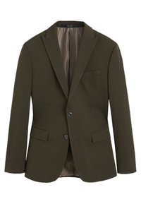 Blazer verde oliva realizzato in tessuto testurizzato, caratterizzato da un design a un petto, due tasche frontali e un rivestimento interno liscio a contrasto.