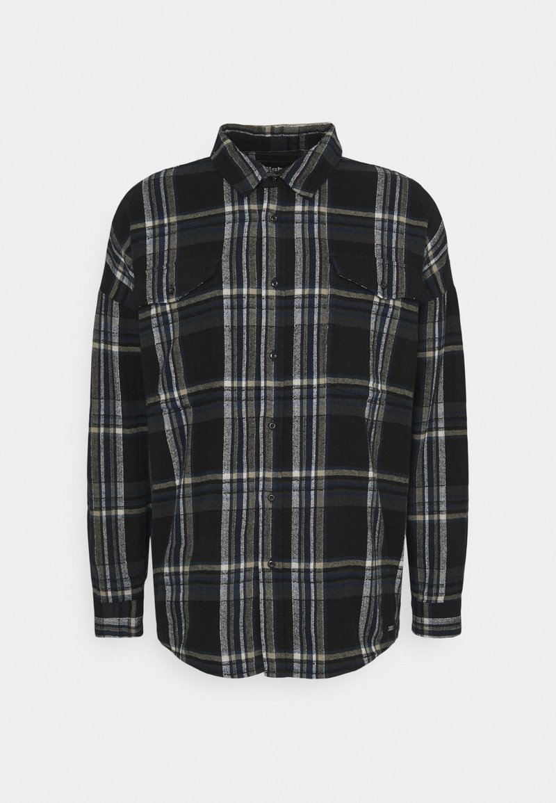 rutig skjorta med svarta, blå och vita ränder; knäppning framtill; långa ärmar; två bröstfickor; mjukt tyg.