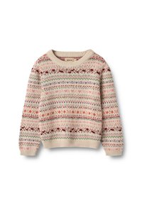 Striktrøje i creme med flerfarvede geometriske mønstre i pink, grøn og rød. Rund hals, lange ærmer, ribstrikkede manchetter og kant.