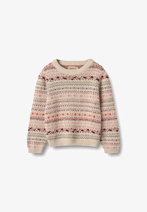 Stickad tröja i krämfärg med flerfärgade geometriska mönster i rosa, grönt och rött. Rund hals, långa ärmar, ribbade mudd och fåll.