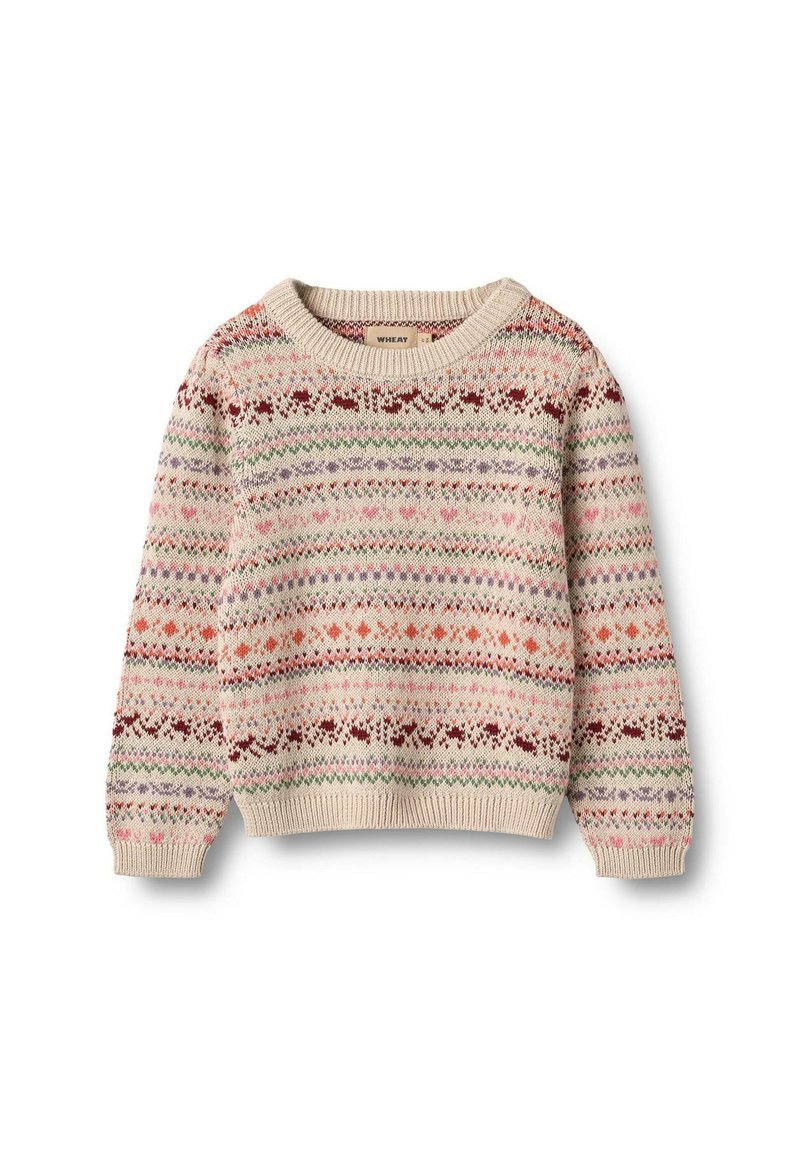 Striktrøje i creme med flerfarvede geometriske mønstre i pink, grøn og rød. Rund hals, lange ærmer, ribstrikkede manchetter og kant.
