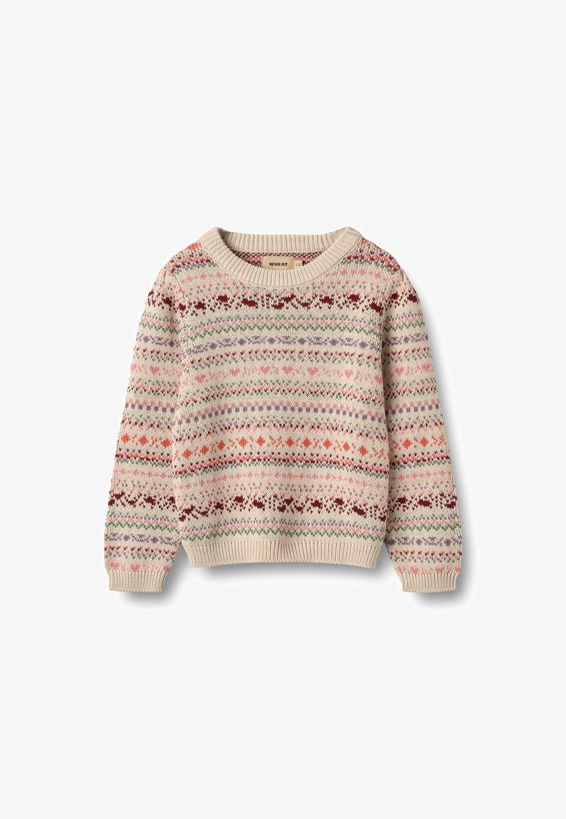 Striktrøje i creme med flerfarvede geometriske mønstre i pink, grøn og rød. Rund hals, lange ærmer, ribstrikkede manchetter og kant.