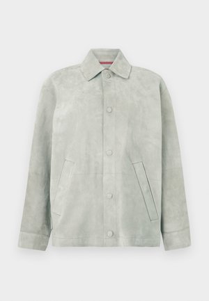 Vaaleanharmaa mokkanahkatakki, jossa nappisuljenta edessä, terävä kaulus, pitkät hihat ja viistot sivutaskut yksivärisellä taustalla.