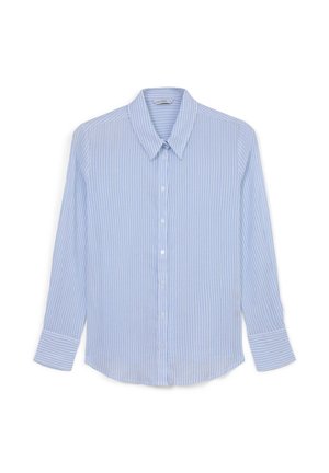 Light blue long-sleeve shirt with vertical white stripes, classic collar, button-up front, and rounded hemline. Smooth texture.