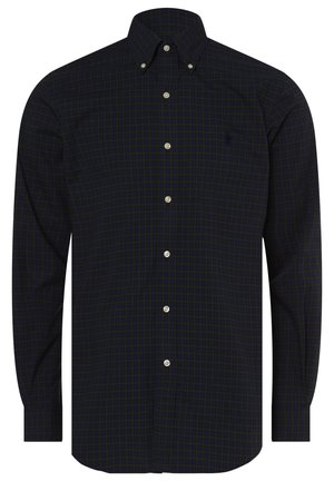 Chemise bleu marine foncé à boutons avec un motif à carreaux subtil et des manches longues.