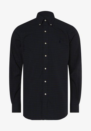Chemise bleu marine foncé à boutons avec un motif à carreaux subtil et des manches longues.