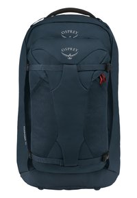 Osprey Farpoint 70 rugzak in donkerblauw, met meshpanelen, verstelbare banden en een handvat aan de bovenkant. Inclusief rode accenten op de rits.