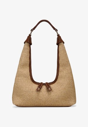 Bolso beige tejido con ribete de cuero marrón, doble cremallera y una sola correa de hombro curva con accesorios metálicos.