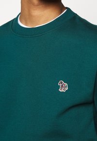 Sweatshirt teal à col rond, avec une petite broderie de zèbre multicolore sur la poitrine gauche. Le tissu est lisse et doux.