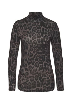 Haut femme à manches longues à col roulé avec motif léopard gris foncé et noir, silhouette ajustée et tissu doux.
