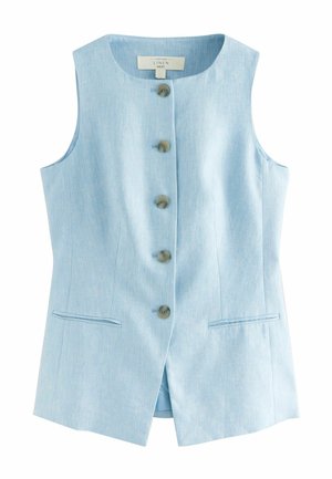 Hihaton vaaleansininen pellavaliivi pyöreällä pääntiellä, viisi nappia edessä, kaksi halkiollista taskua ja etun keskellä halkio helmassa.