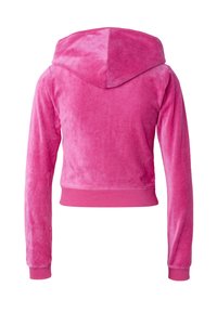 Svetloružová plyšová mikina s kapucňou, zobrazená zozadu, s dlhými rukávmi, priliehavými manžetami a kapucňou.