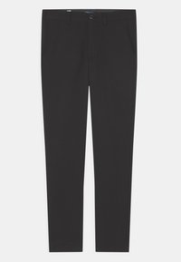 Μαύρο παντελόνι με κομψή εφαρμογή, με επίπεδο μπροστινό μέρος, πλαϊνές τσέπες και κλείσιμο με κουμπί. Φτιαγμένο από λείο ύφασμα με μίνιμαλ σχέδιο.