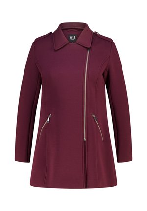 Dames donker bordeaux mantel met lange mouwen, asymmetrische frontrits, twee ritssluitingen aan de zijkant en schouderepauletten.