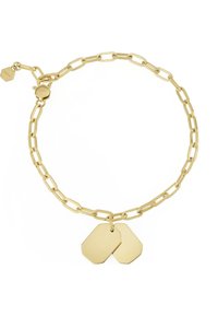 Bracciale in metallo dorato caratterizzato da un design a catena con anelli allungati e due ciondoli piatti, ottagonali. Finitura liscia, chiusura regolabile.