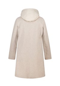 Beige wollen jas met een lichte, gewatteerde capuchon. Heeft een recht gesneden model, lange mouwen en een soepele textuur. Minimalistisch ontwerp zonder zichtbare hardware.