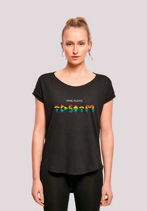 Black T-shirt with a relaxed fit, round neckline, and short sleeves. Features colorful graphic text and triangle patterns representing Pink Floyd.