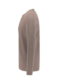 Chemise à manches longues marron clair en tissu texturé, avec un col rond et une coupe droite ornée de détails de coutures visibles.