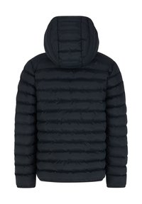 Chaqueta acolchada azul oscuro con capucha, que presenta secciones acolchadas horizontales, un acabado suave y puños elásticos para mayor calidez.