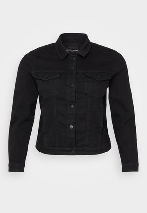 Black denim jacket featuring a classic collar, front button closure, two chest pockets, and stitch detailing.