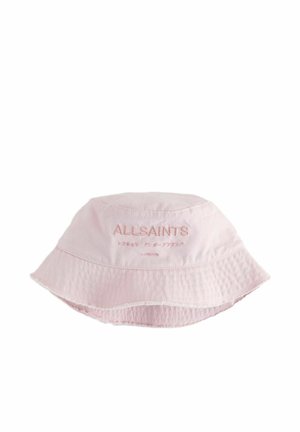 Pink bucket hat made of cotton with a textured finish, featuring embroidered "ALLSAINTS" logo on the front and a frayed edge.